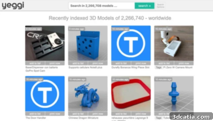 Yeggi, a powerful search engine, helps users find their desired STL files from over 2 million models across various platforms with advanced filters.