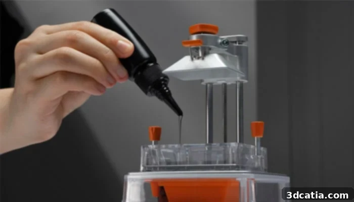 The TinyMaker 3D printer uses resin, emphasizing its compact design and MSLA technology.