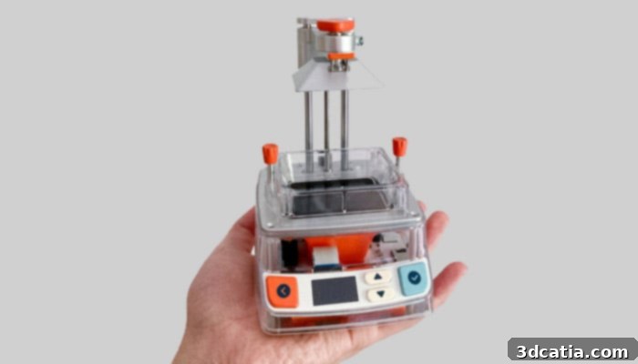 The TinyMaker printer fits in your palm, highlighting its extreme portability and accessibility for users on the go.