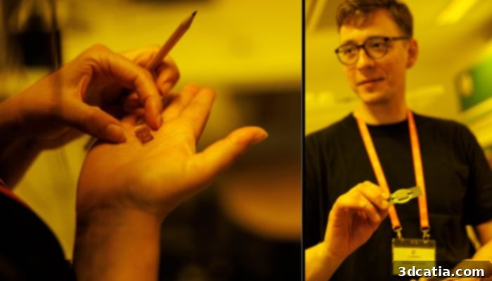 Markus Lunzer, a materials engineer at UpNano, examining a 3D printed component in a laboratory setting.