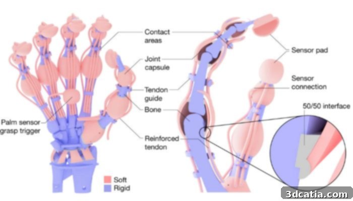 3D-printed robotic hand showing artificial bones, tendons, and ligaments.