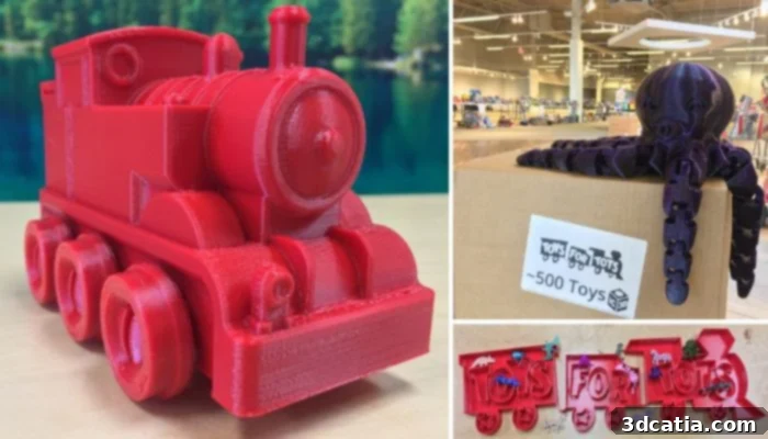 Various 3D printed gifts, including articulated animals and vehicles, crafted by volunteers using STL files provided through the IC3D Toys for Tots program.