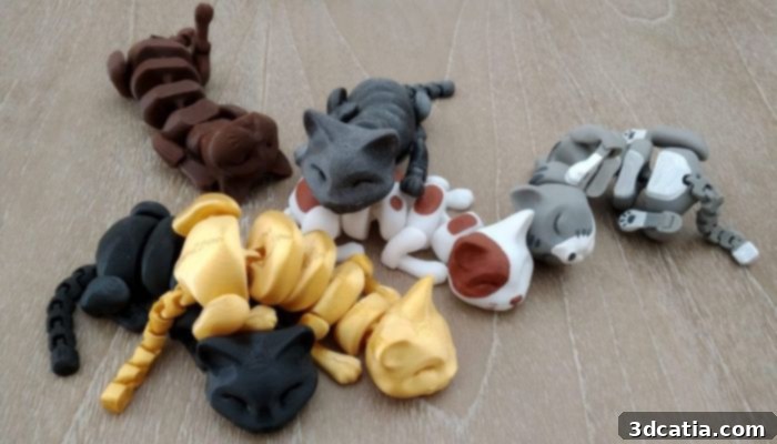 Articulated cat figures, created using an STL file designed by McGybeer, demonstrate the intricate and playful 3D printed toys made for Toys for Tots volunteers.