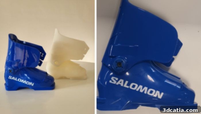 Finished blue ski boot shell produced via injection molding after 3D printed prototype approval, ready for assembly.