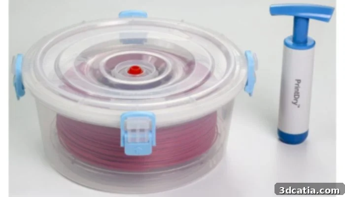 Airtight containers for filament storage with desiccant