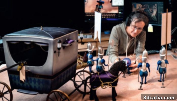 A behind-the-scenes look at the stop-motion animation process, showing puppets carefully positioned for each frame, illustrating the detailed work required to create fluid movement. (Credits: theinventorfilm-Jean-Marie Hosatte)