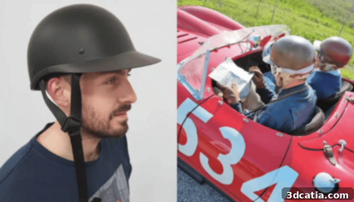 Examples of how 3D printing was used in the new Ferrari film, showing a 3D-printed visor and an actor wearing a helmet