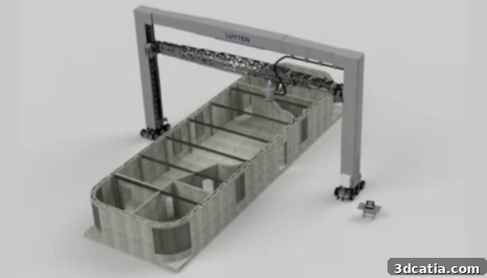 Example of a Luyten Platypus 3D printer working on a concrete house