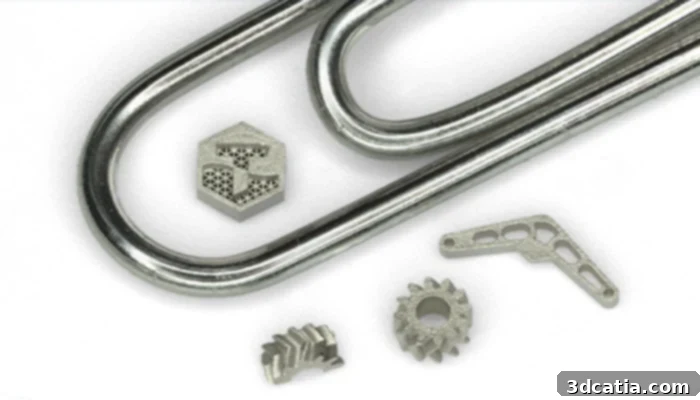 Close-up of a tiny, intricate metal component produced with Trio Labs' high-resolution 3D printing technology, showcasing precise details.