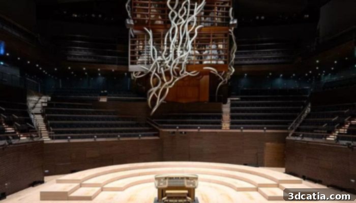 Full view of the 3D-printed Rieger organ inside the Helsinki Music Centre, highlighting its status as the largest in Scandinavia.