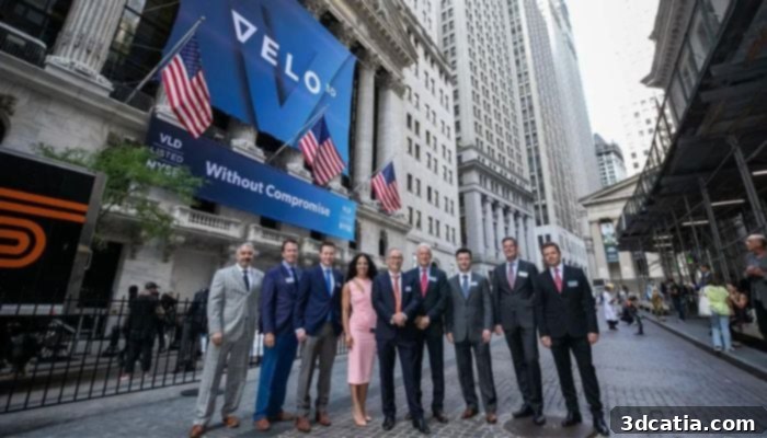 Velo3D team in front of the NYSE in 2021, symbolizing their public listing amidst current non-compliance challenges.