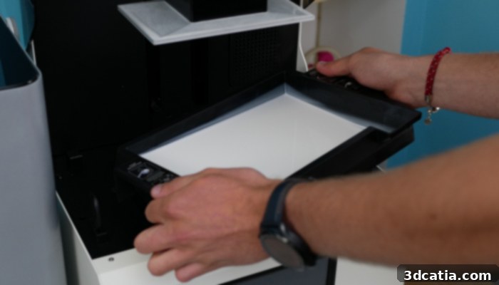 Resin 3D printing vat, holding the liquid photopolymer resin ready for curing.