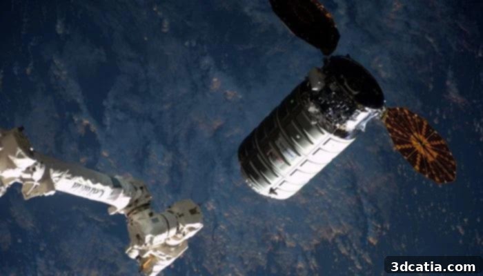 The Cygnus cargo ship in orbit around Earth, symbolizing advanced space logistics