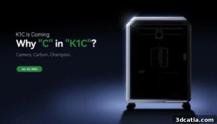 The K1C 3D printer from Creality, shown in a studio setting.