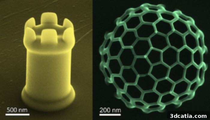 3D nanoprinted chess tower and nanowire ball demonstrating intricate structures