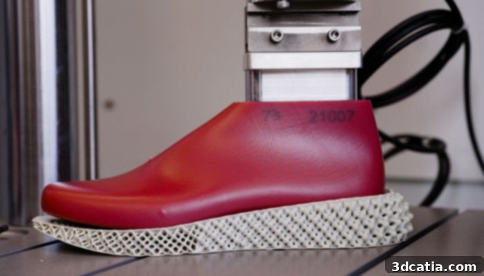 Researchers tested the stiffness of 3D printed midsole designs on an Instron machine in order to mimic footsteps