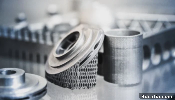 Metal supports embedded in a 3D printed metal part, showing the need for cutting and post-machining