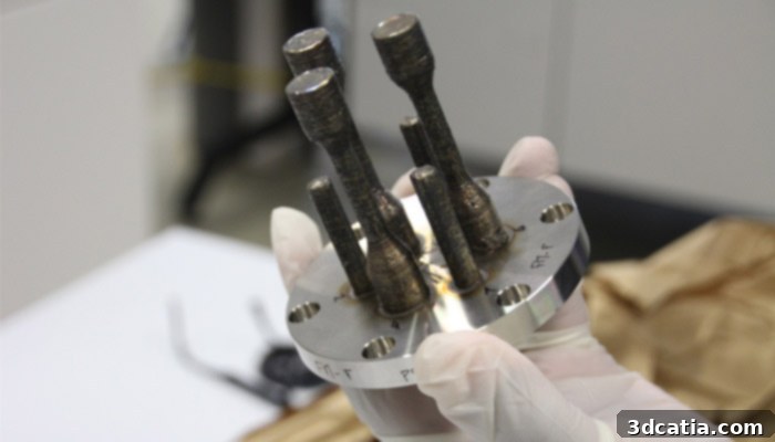 Test parts made by the metal 3D printer before its launch into space, showcasing the precision and capability of AddUp's innovative technology for orbital manufacturing.