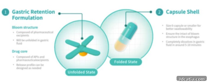 Close-up of the FDA-approved 3D-printed gastric device, T22, developed by Triastek for controlled drug release.