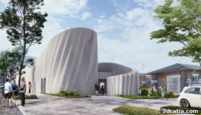 Europe's largest 3D-printed house in Heidelberg, showcasing its unique architectural design and the scale of additive construction capabilities.