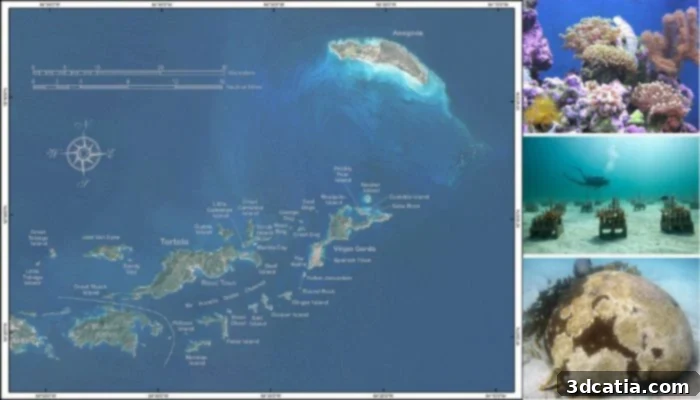 Aerial view of the British Virgin Islands, highlighting islands surrounded by extensive coral reefs