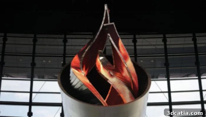 A close-up view of the intricate flame detail of the Al Davis Memorial Torch, the world's largest 3D printed structure, proudly displayed at the Allegiant Stadium for Super Bowl LVIII.