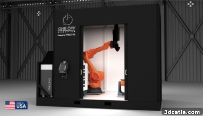 Meltio's robotic cell, developed with One Off Robotics, showcases advanced metal additive manufacturing technology for diverse industries.