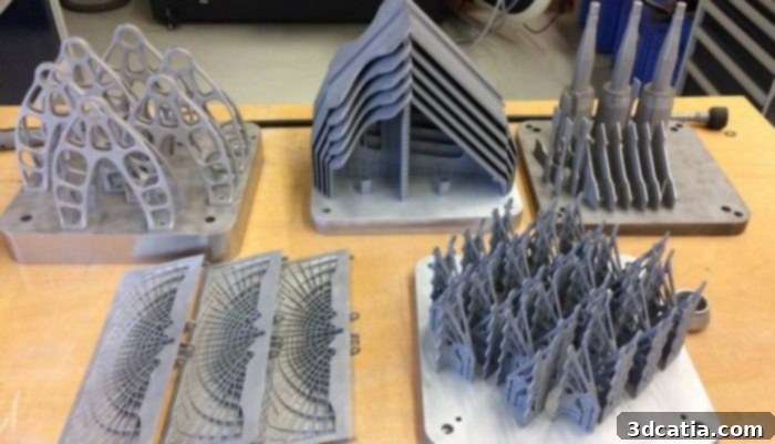 3D printed airplane parts, showcasing complex geometries and lightweight structures enabled by metal additive manufacturing.