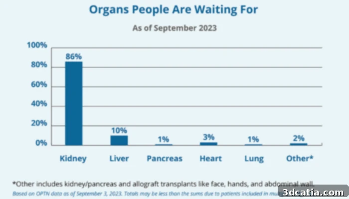 Organ transplant waiting list with a focus on kidneys, highlighting the high demand for organs