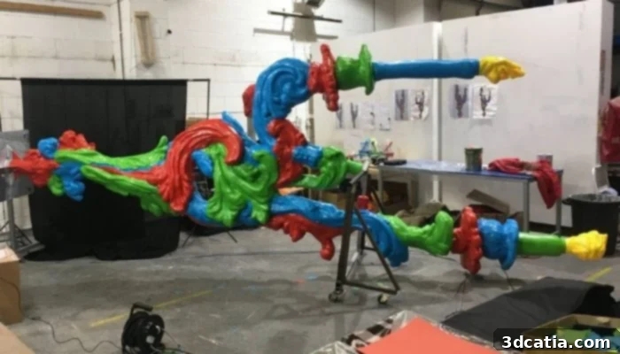Alan Phelan's 3D printed sculpture 'RGB Scone, Hold Your Nose' during installation.