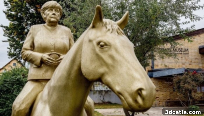 Reshaping Creativity: 3D Printing's Artistic Revolution 9 3D-printed concrete equestrian statue of Angela Merkel, made with recycled concrete.