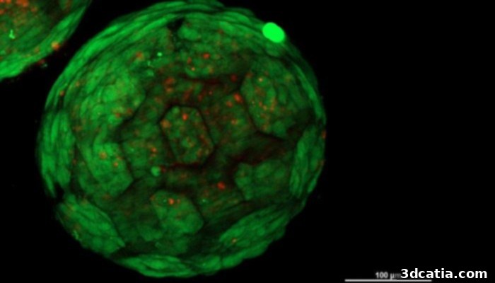 Close-up photograph showing a 3D-printed support structure intricately infused with living cells, illustrating the success of the biofabrication process.