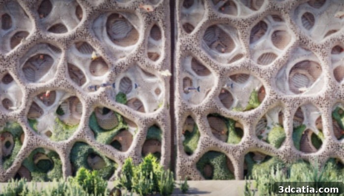 A segment of Kind Designs' 3D printed seawall, showcasing its intricate, reef-like texture designed to support marine life.
