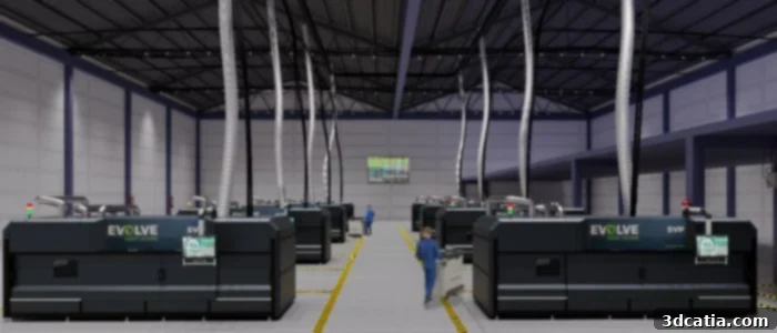 The factory floor of Evolve SVP 3D printers, showcasing multiple industrial machines operating.