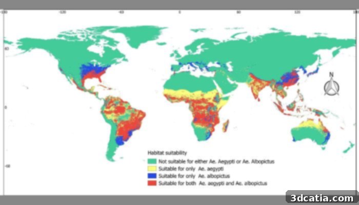 Map showing the global range of the yellow fever mosquito, Aedes aegypti.