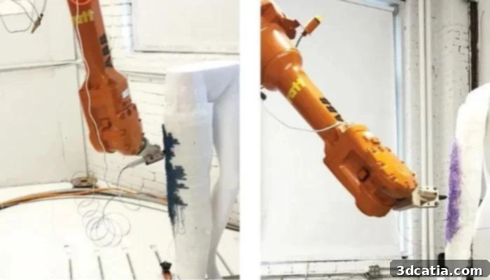 Lilach Porges' robotic 3D printing process applying intricate designs directly onto garments, showcasing textile innovation for sustainable fashion.
