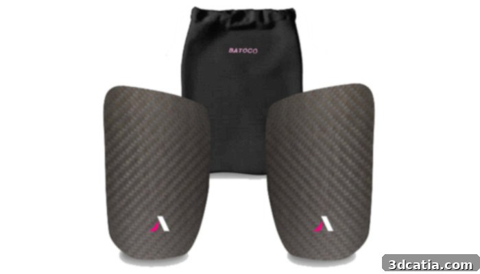 Soccer player wearing custom 3D scanned carbon fiber shinguards by Batoco.