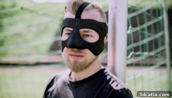 The Raptor 3D printed protective mask, custom-fitted for an athlete's face after injury.