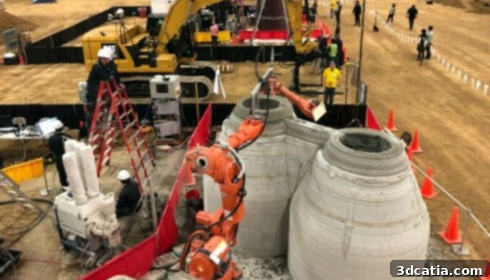 Construction process using AddConLabs' 3D concrete printer, illustrating the layered printing of robust walls for a structure.