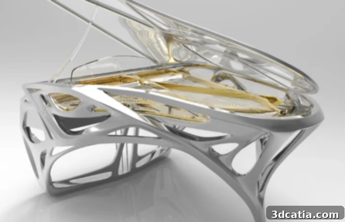 MONAD Studio: Fabricating Sonic Frontiers 5 Rendering of Monad Studio's ambitious 3D printed grand piano, EXO, showcasing its structural design.