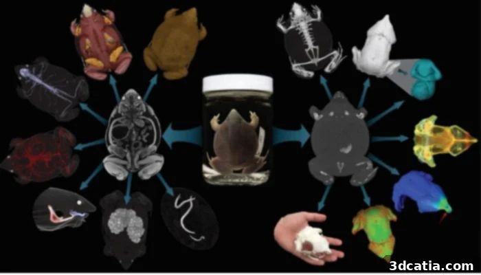 3D scans of amphibian vertebrate specimens at the MVZ, showcasing muscle tissue, skeleton, and internal structures from CT scans and X-rays.
