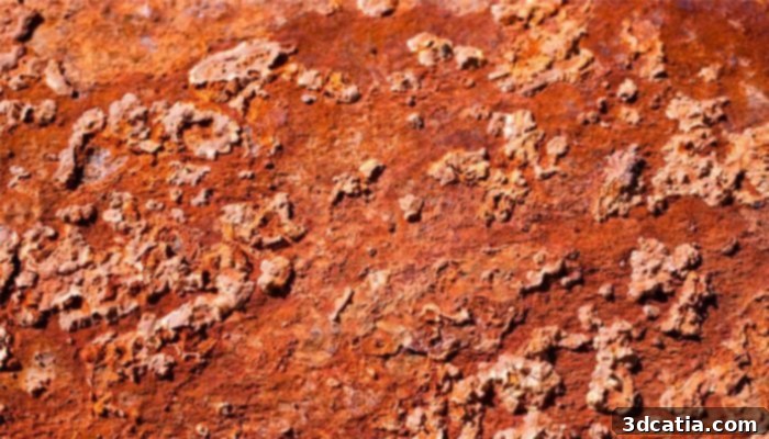 Metal degradation or corrosion occurring on a surface, illustrating the impact of environmental factors on material integrity.