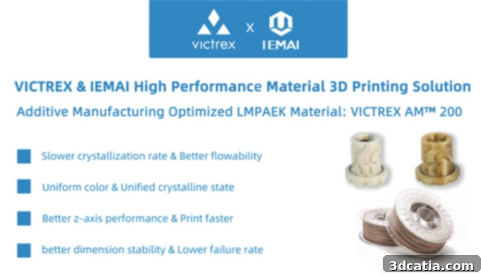 Benefits of high-performance material 3D printing solution from VICTREX and IEMAI for industrial applications.