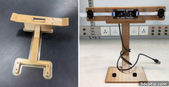Shanghai Electric's 3D printed binocular camera holder, before post-processing (left) and in an operational setting (right).