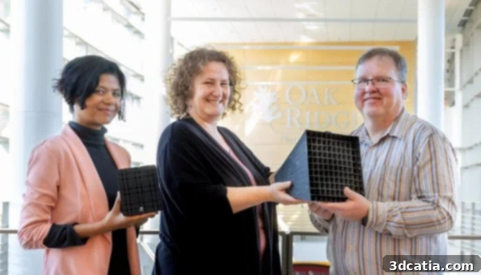 Fahima Islam, Bianca Haberl and Garrett Granroth, the team behind the 3D printed 'Frankenstein Design' neutron collimator at ORNL.
