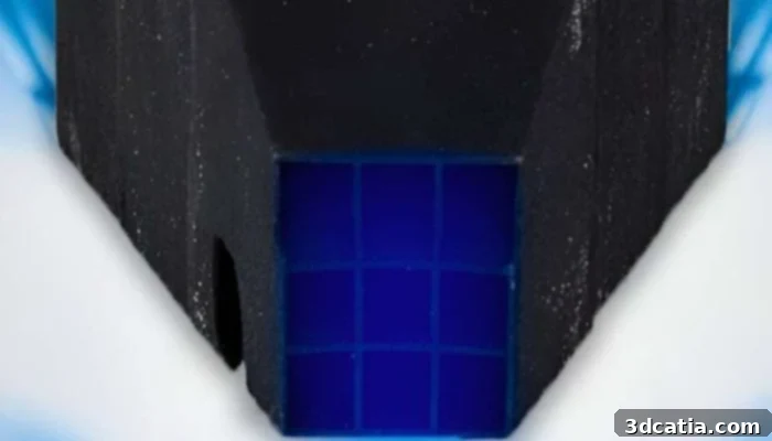 Close-up of the 3D printed neutron collimator revealing visible joint 'scars' where individual parts are connected.