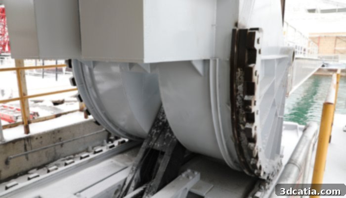 A 12-foot long, intricately designed 3D printed metal lever arm component being installed within the ship arresting system of the Poe Lock at the Soo Locks, demonstrating advanced manufacturing in civil infrastructure.
