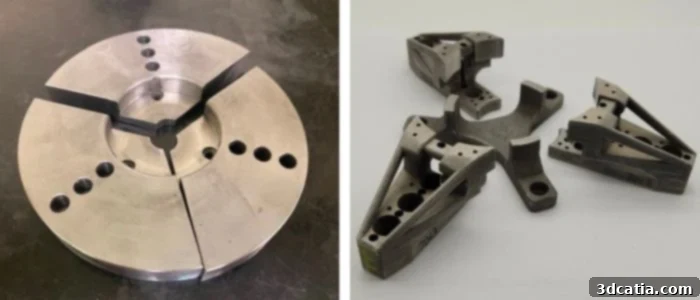 Comparison of original CNC-produced chuck jaw and new lightweight 3D printed chuck jaw