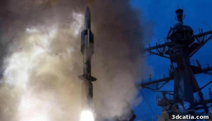 An SM-6 missile launches from a naval vessel, propelled by a Mk. 104 dual-thrust rocket motor, signifying advanced naval defense capabilities.