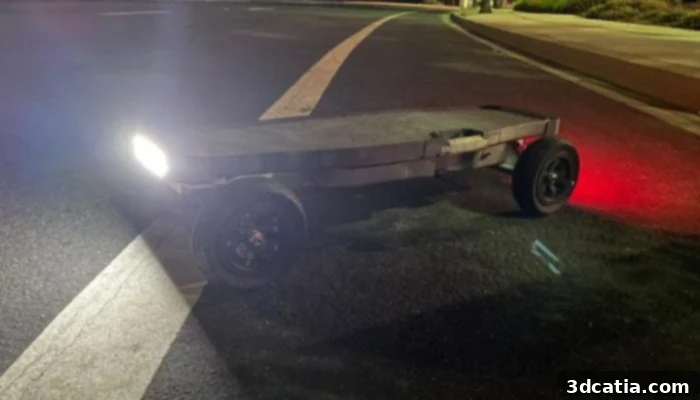 Mike Elrod's custom 3D printed electric skateboard at night, showcasing its innovative design and integrated components.